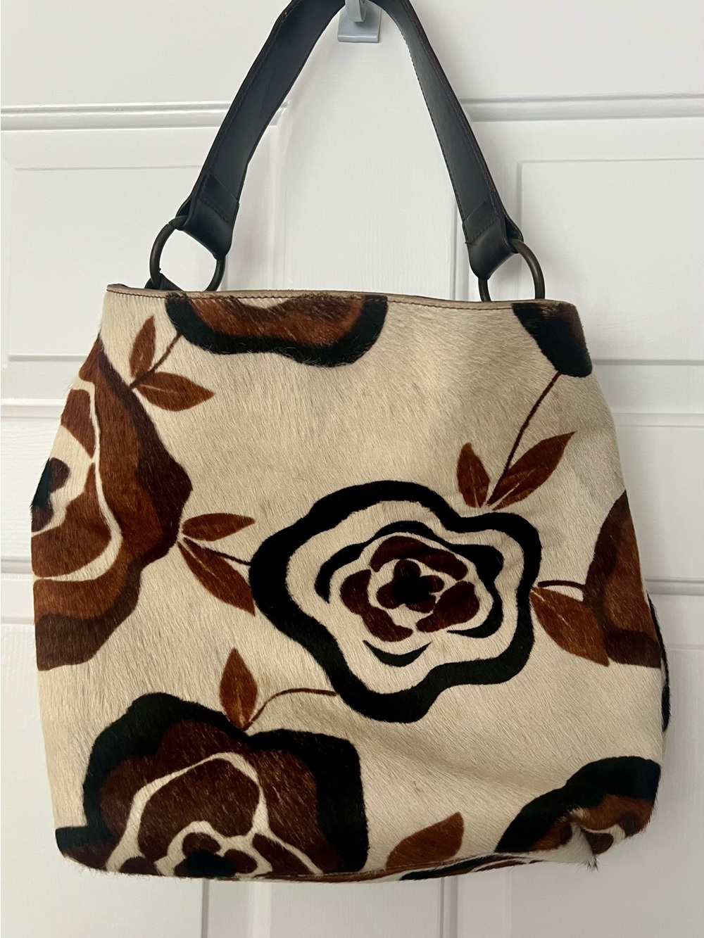 Maurizio Taiuti Cow Hide Cream Tote with Brown and Black Floral Print